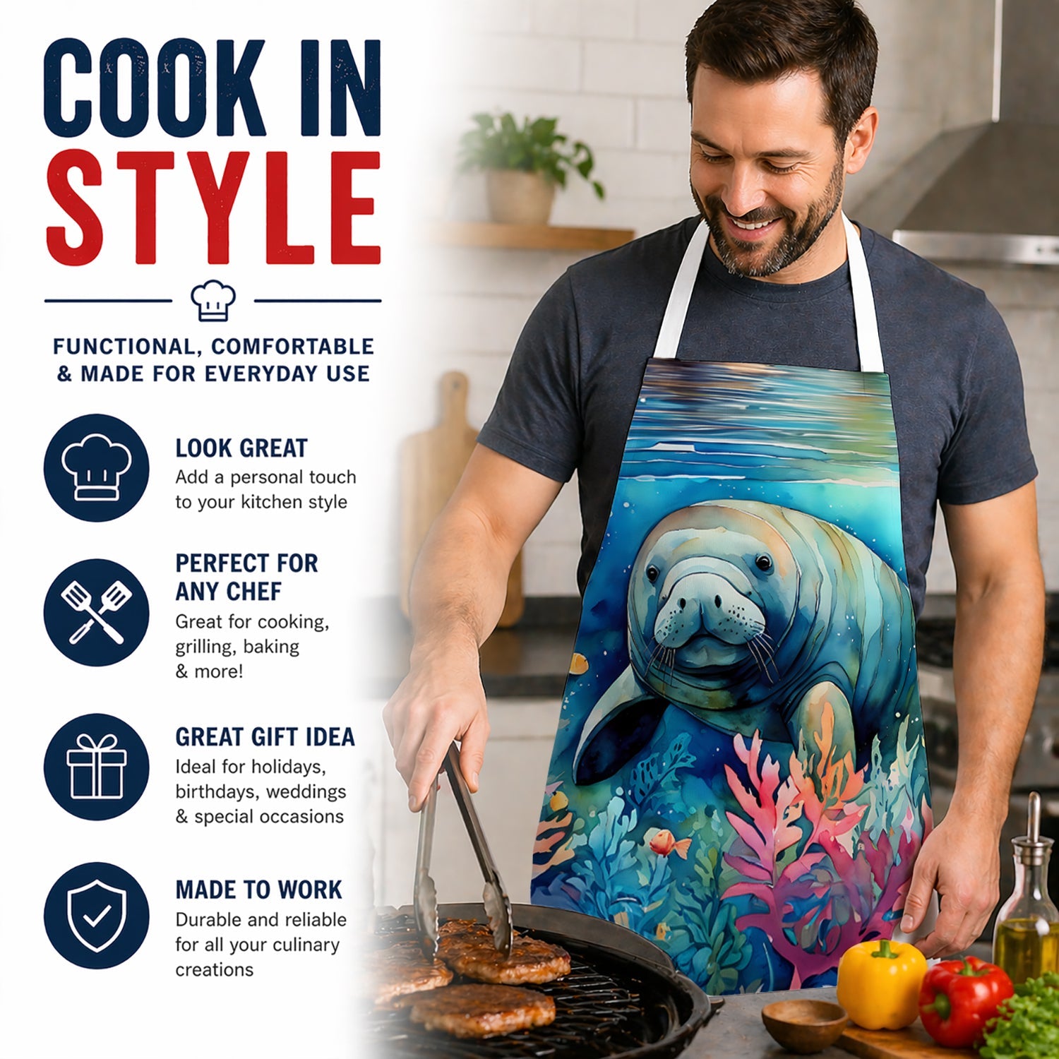 Manatee Apron Cooking Kitchen Server Baking Crafts Gardening for Adult Women Men, Unisex, Large, Multicolor