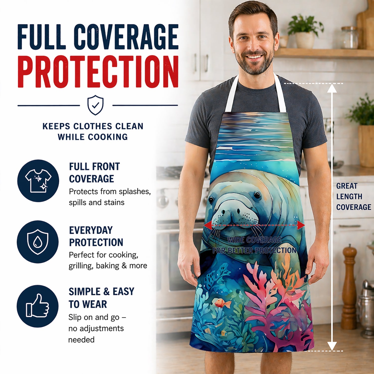 Manatee Apron Cooking Kitchen Server Baking Crafts Gardening for Adult Women Men, Unisex, Large, Multicolor