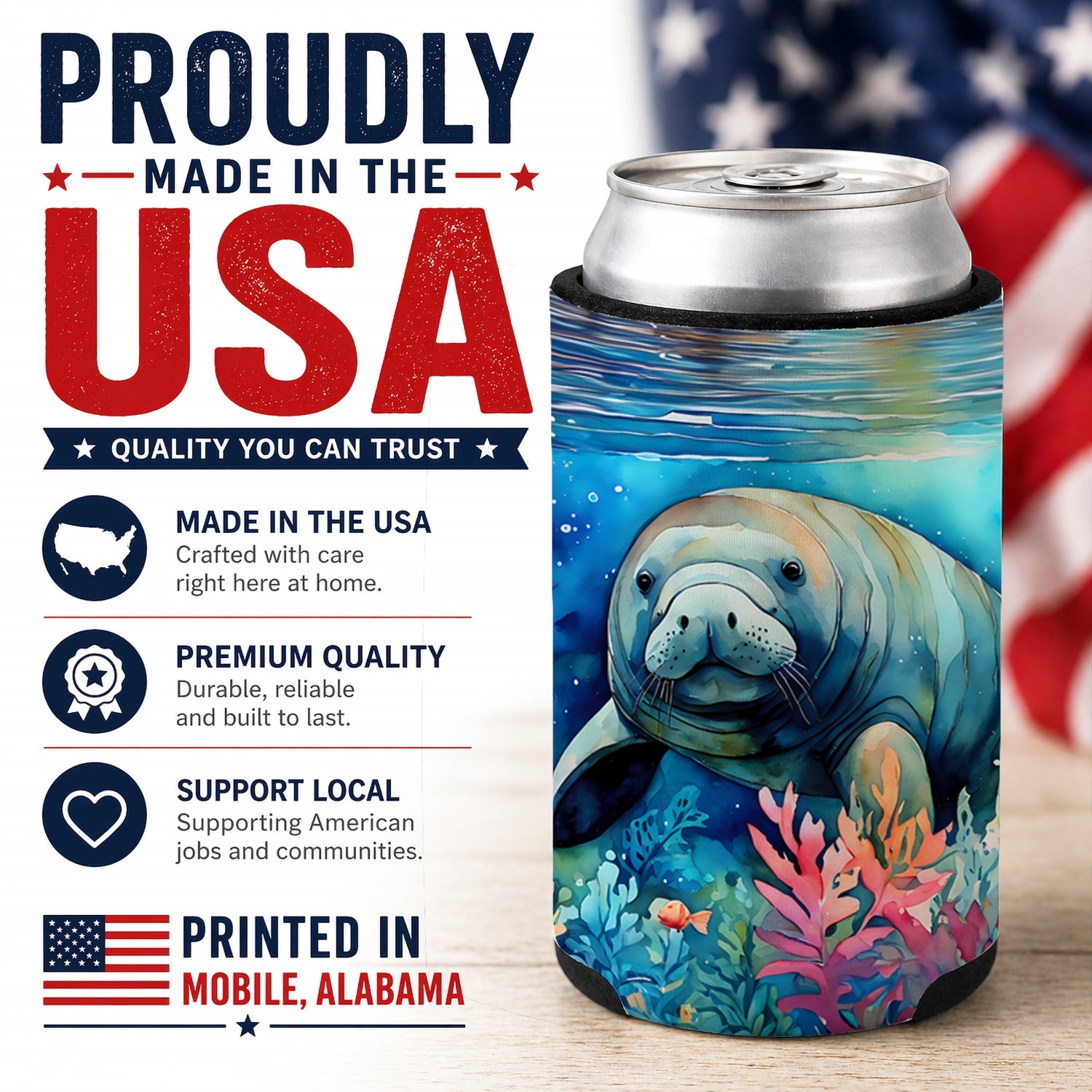 Manatee Can or Bottle Hugger Cooler Sleeve for Standard 12 oz Cans, Insulated Foam Beer & Soda Can Hugger Reusable