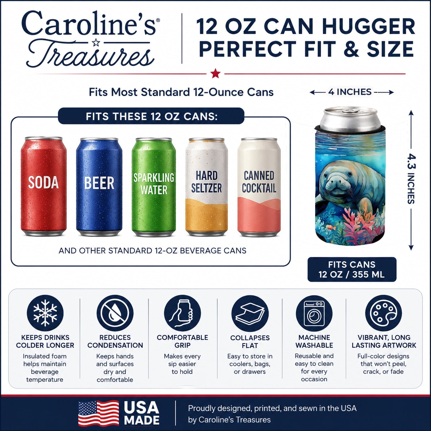 Manatee Can or Bottle Hugger Cooler Sleeve for Standard 12 oz Cans, Insulated Foam Beer & Soda Can Hugger Reusable