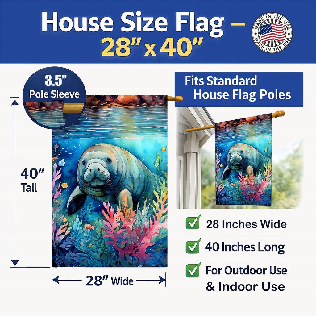 Manatee House Flag 28x40 Porch Sleeve Pole Decorative Outside Yard Banner Artwork Wall Hanging, Polyester
