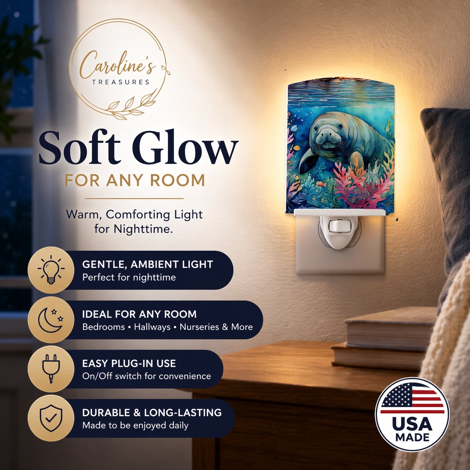 Manatee Ceramic Night Light Compact, UL-Certified, Ideal for Bedroom, Bathroom, Nursery, Hallway, Kitchen, 6x4x3, Multicolor