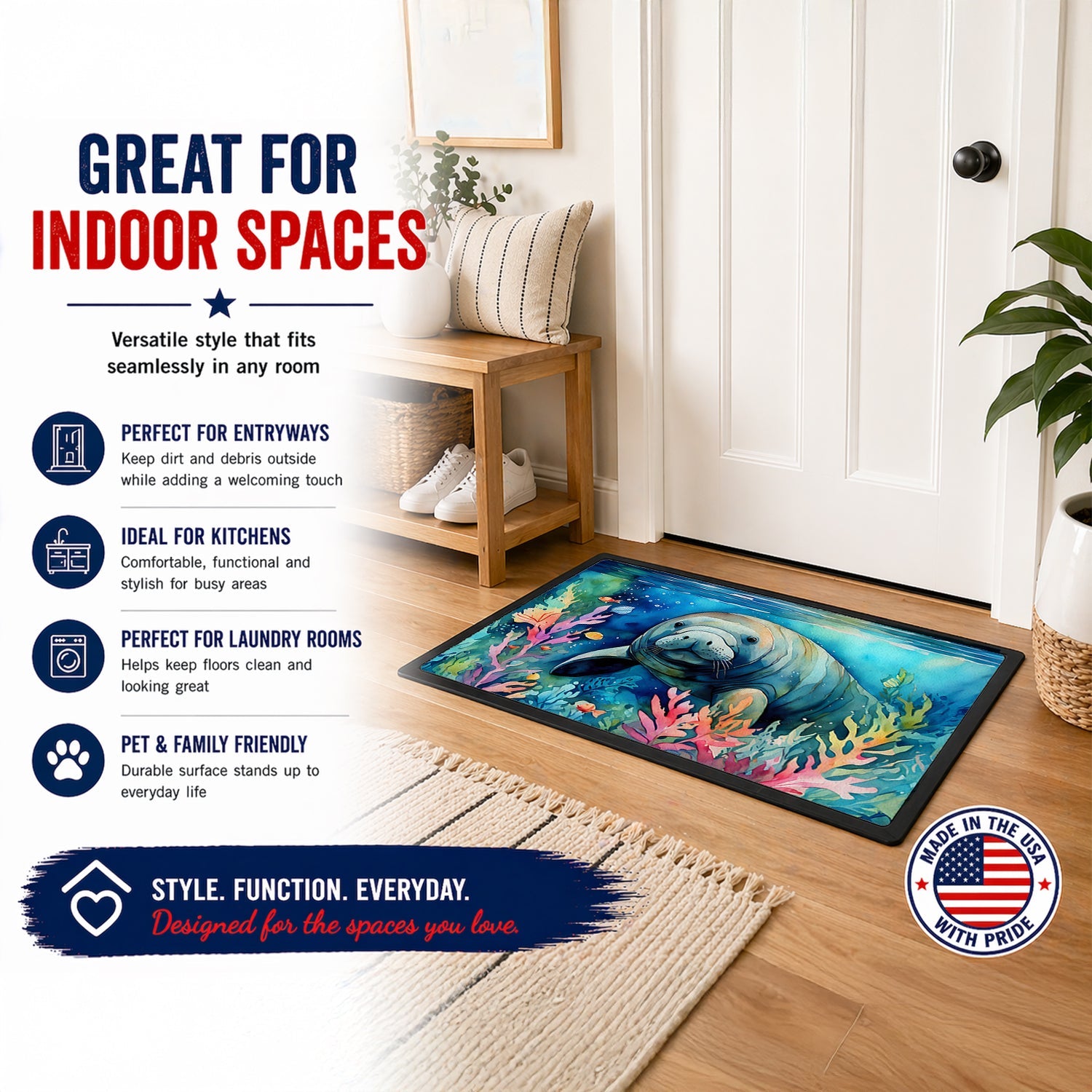 Manatee Doormat Indoor Outdoor 24H X 36W Front Door Mat Rugs for Entryway, Non Slip Washable Low Pile,