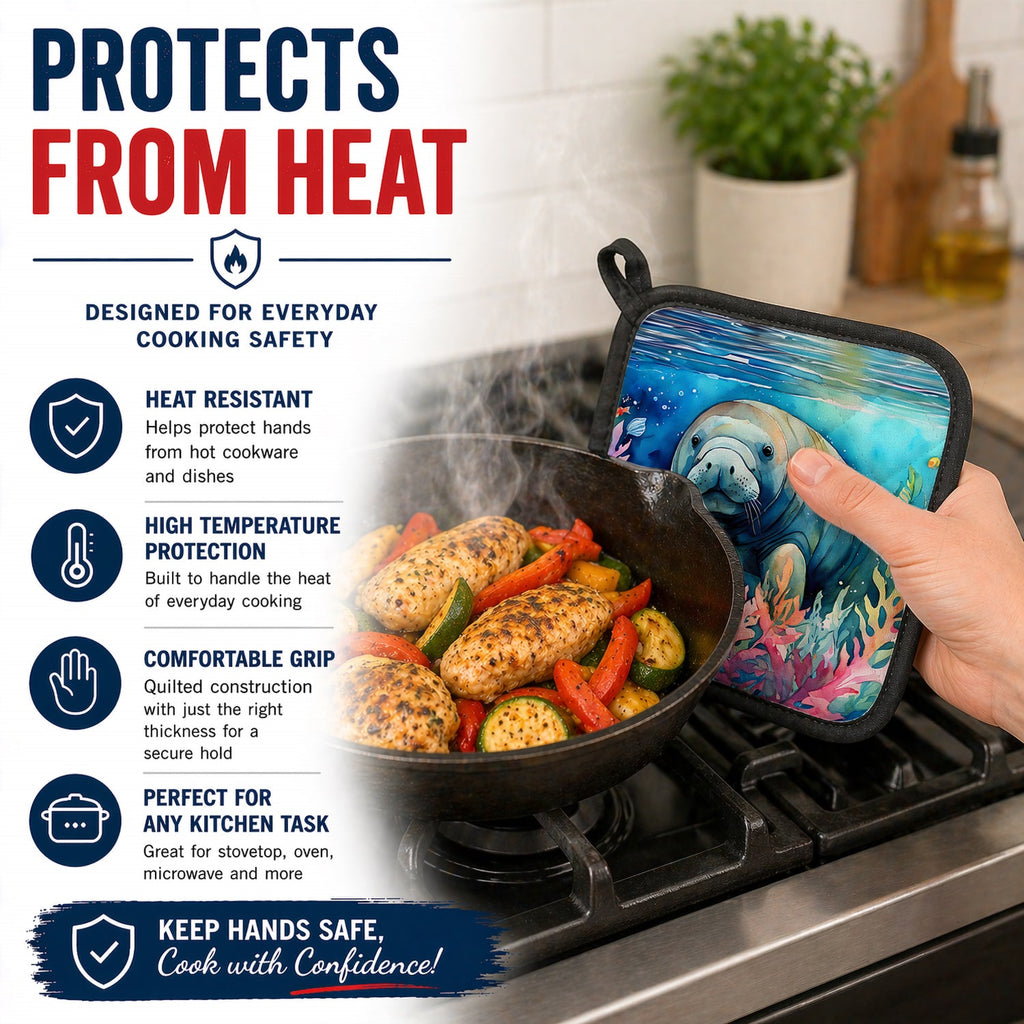 Manatee Pot Holder Set of 2 Heat Resistant Quilted Hot Pads 7.5 x 7.5 Inch, Insulated Kitchen Trivets for Cooking & Baking