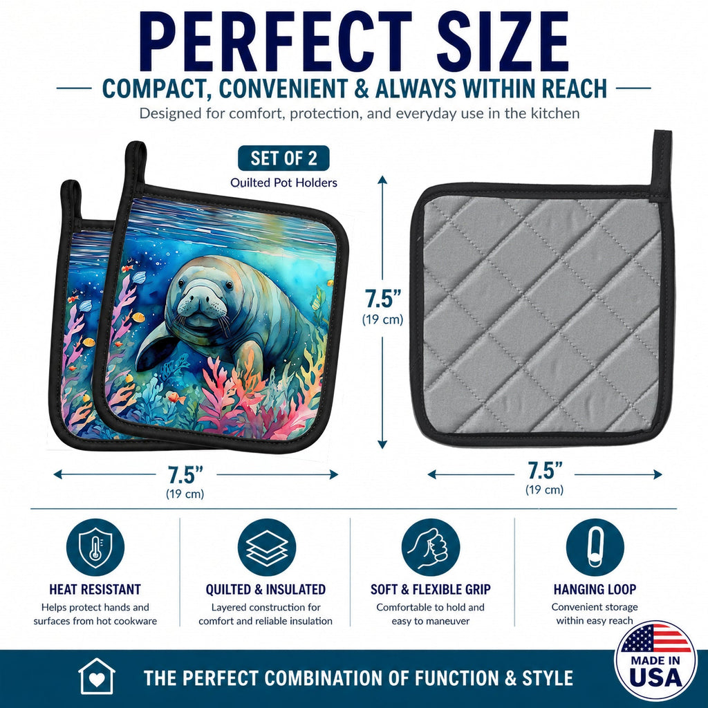 Manatee Pot Holder Set of 2 Heat Resistant Quilted Hot Pads 7.5 x 7.5 Inch, Insulated Kitchen Trivets for Cooking & Baking