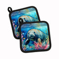 Manatee Pot Holder Set of 2 Heat Resistant Quilted Hot Pads 7.5 x 7.5 Inch, Insulated Kitchen Trivets for Cooking & Baking