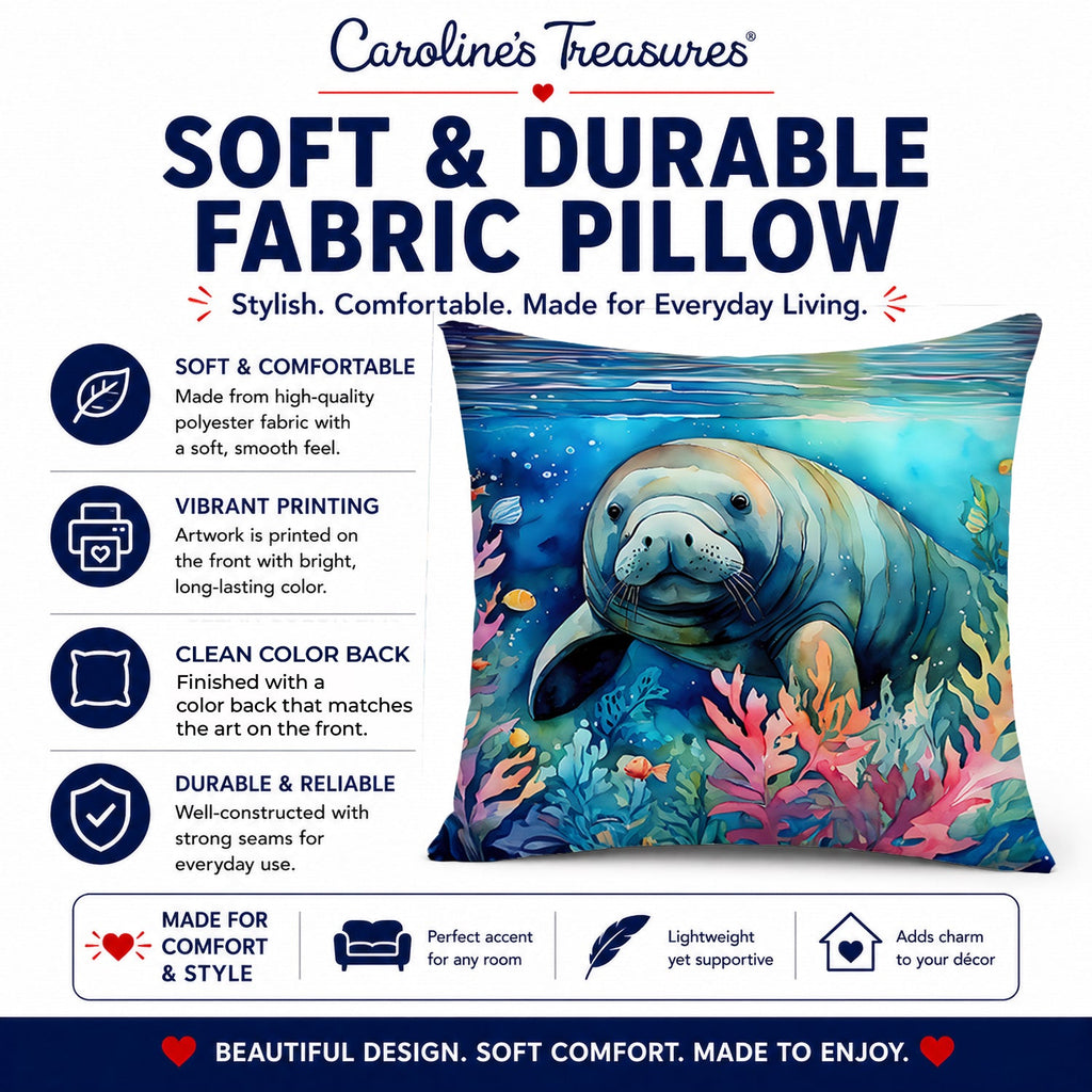 Manatee Decorative Throw Pillow 14x14 Indoor Outdoor Accent Cushion, Fabric Cover with Insert for Sofa, Bed, Porch & Living Room