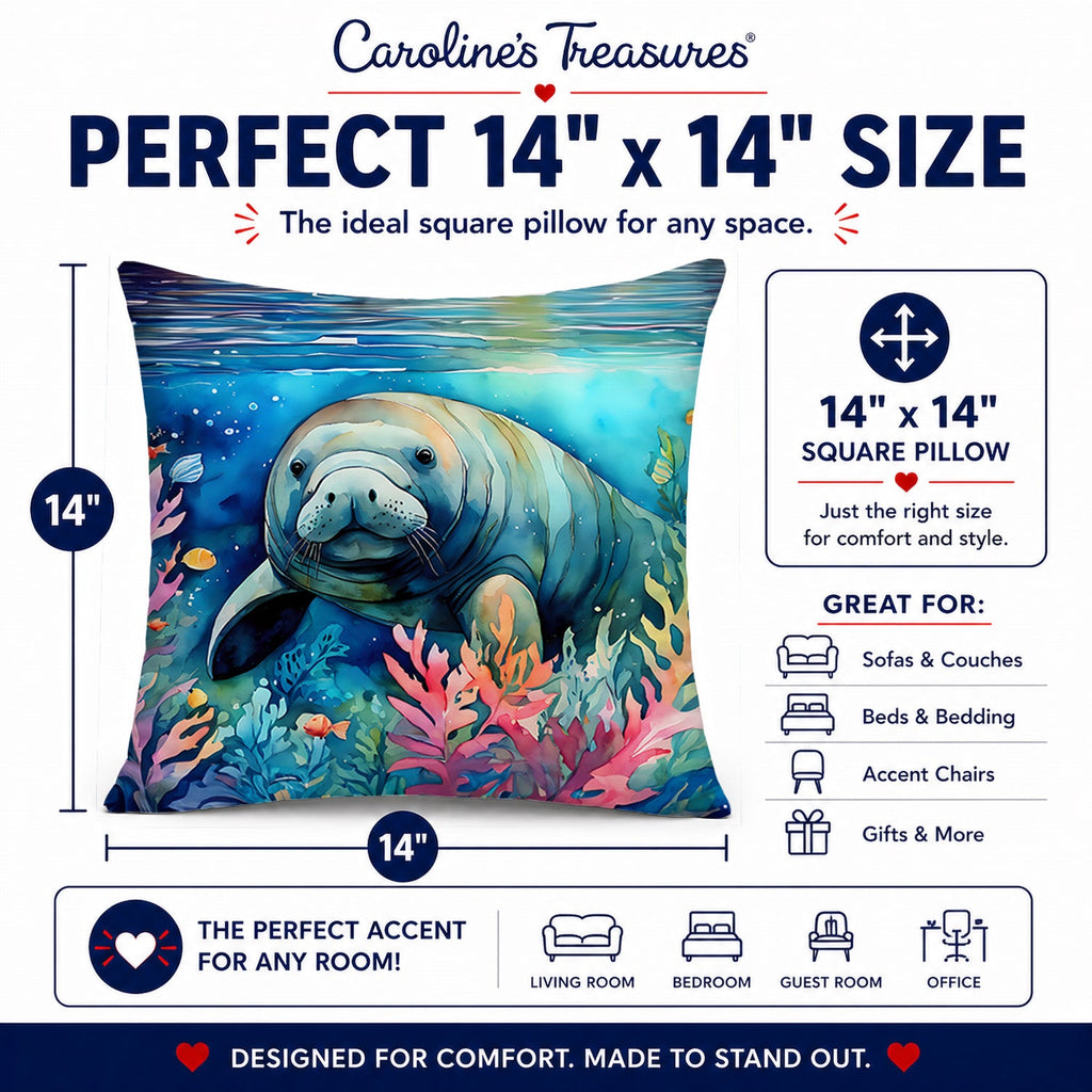 Manatee Decorative Throw Pillow 14x14 Indoor Outdoor Accent Cushion, Fabric Cover with Insert for Sofa, Bed, Porch & Living Room