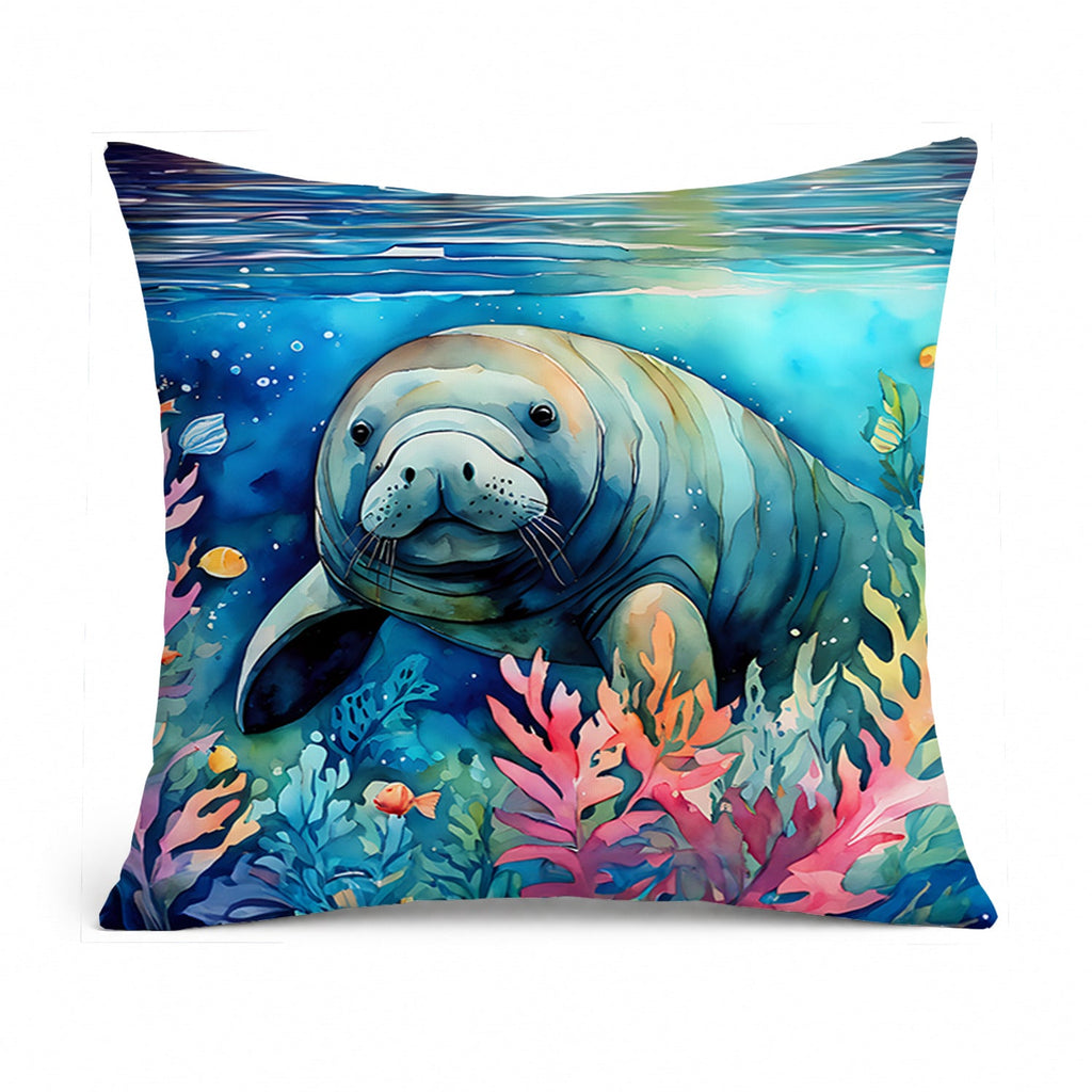Manatee Decorative Throw Pillow 14x14 Indoor Outdoor Accent Cushion, Fabric Cover with Insert for Sofa, Bed, Porch & Living Room