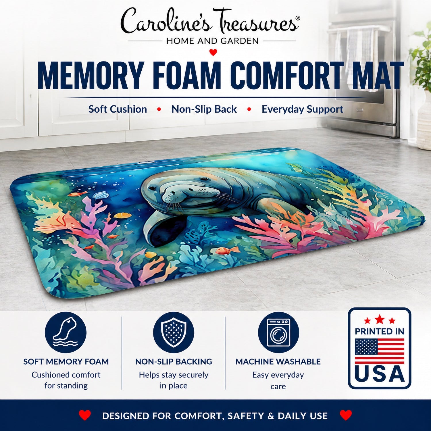 Manatee Memory Foam Kitchen Mat Machine Washable Anti-Fatigue Cushion Comfort Bath or Kitchen Rug