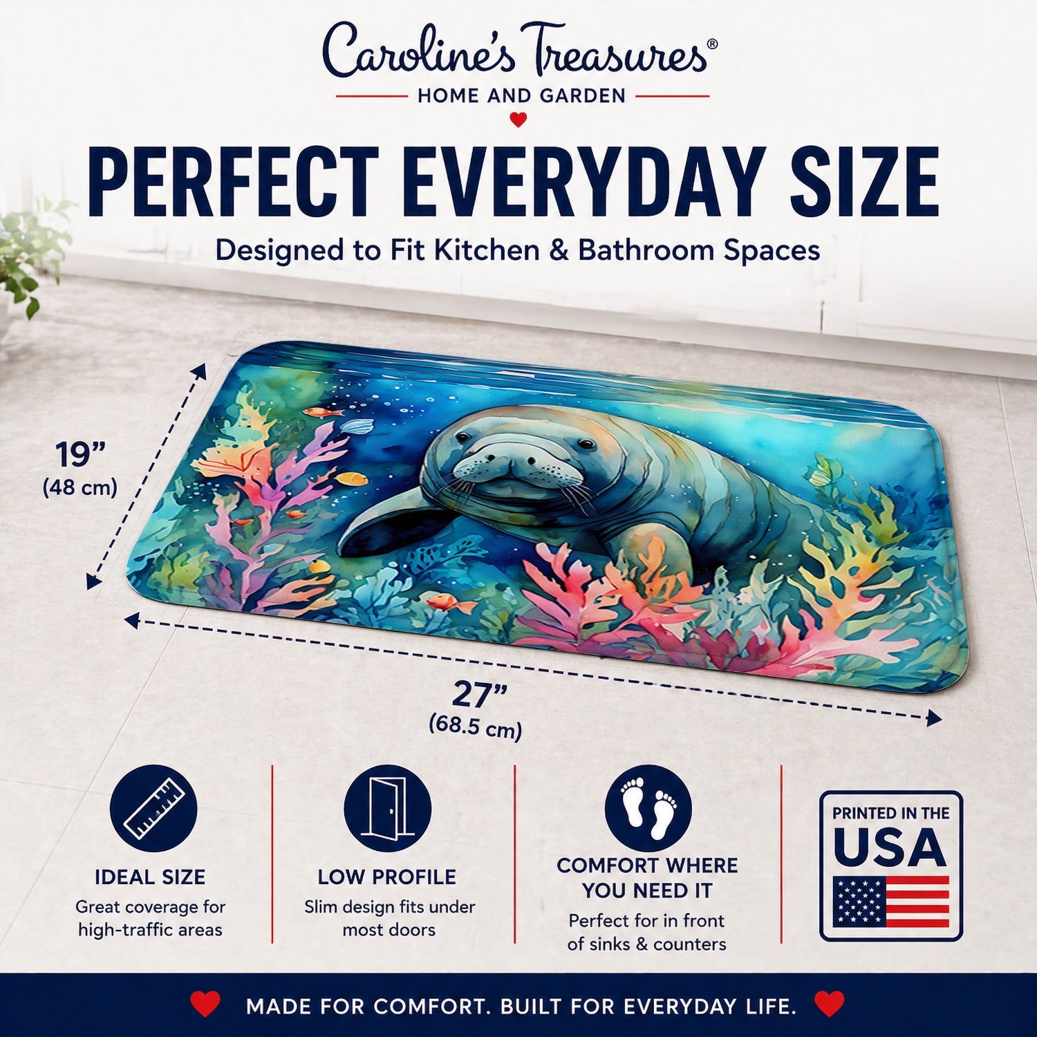 Manatee Memory Foam Kitchen Mat Machine Washable Anti-Fatigue Cushion Comfort Bath or Kitchen Rug