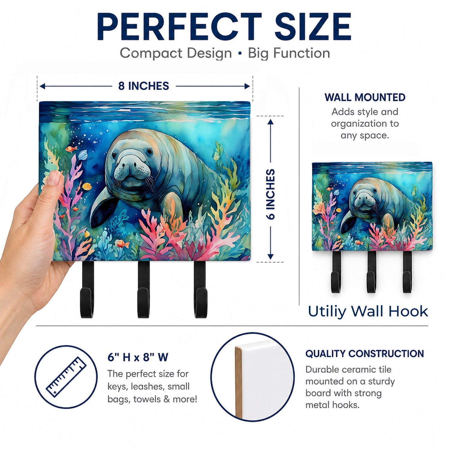 Manatee Leash or Key Holder Wall Hooks, Coat Rack Wall Mount, for Hanging Keys, Towels, Aprons, Leashes