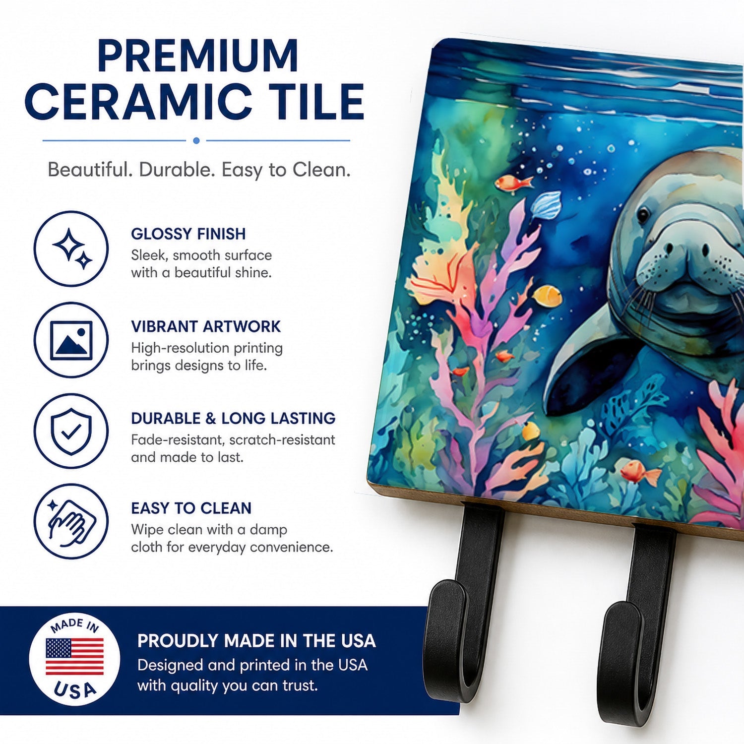 Manatee Leash or Key Holder Wall Hooks, Coat Rack Wall Mount, for Hanging Keys, Towels, Aprons, Leashes