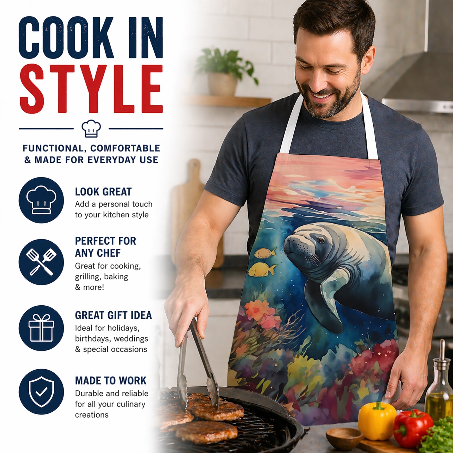 Manatee Apron Cooking Kitchen Server Baking Crafts Gardening for Adult Women Men, Unisex, Large, Multicolor