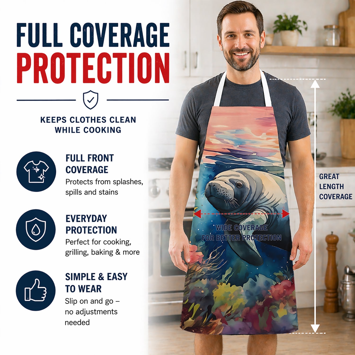 Manatee Apron Cooking Kitchen Server Baking Crafts Gardening for Adult Women Men, Unisex, Large, Multicolor