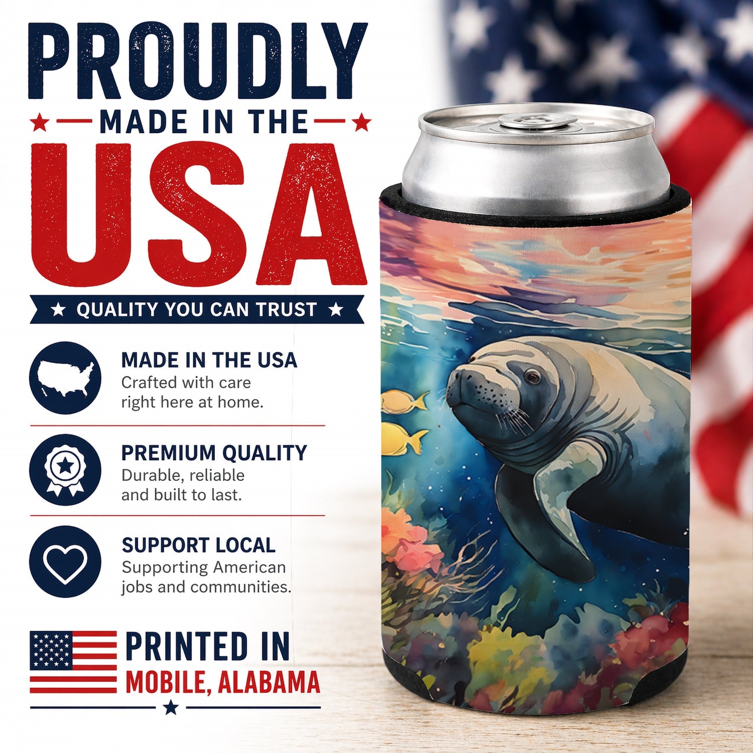 Manatee Can or Bottle Hugger Cooler Sleeve for Standard 12 oz Cans, Insulated Foam Beer & Soda Can Hugger Reusable