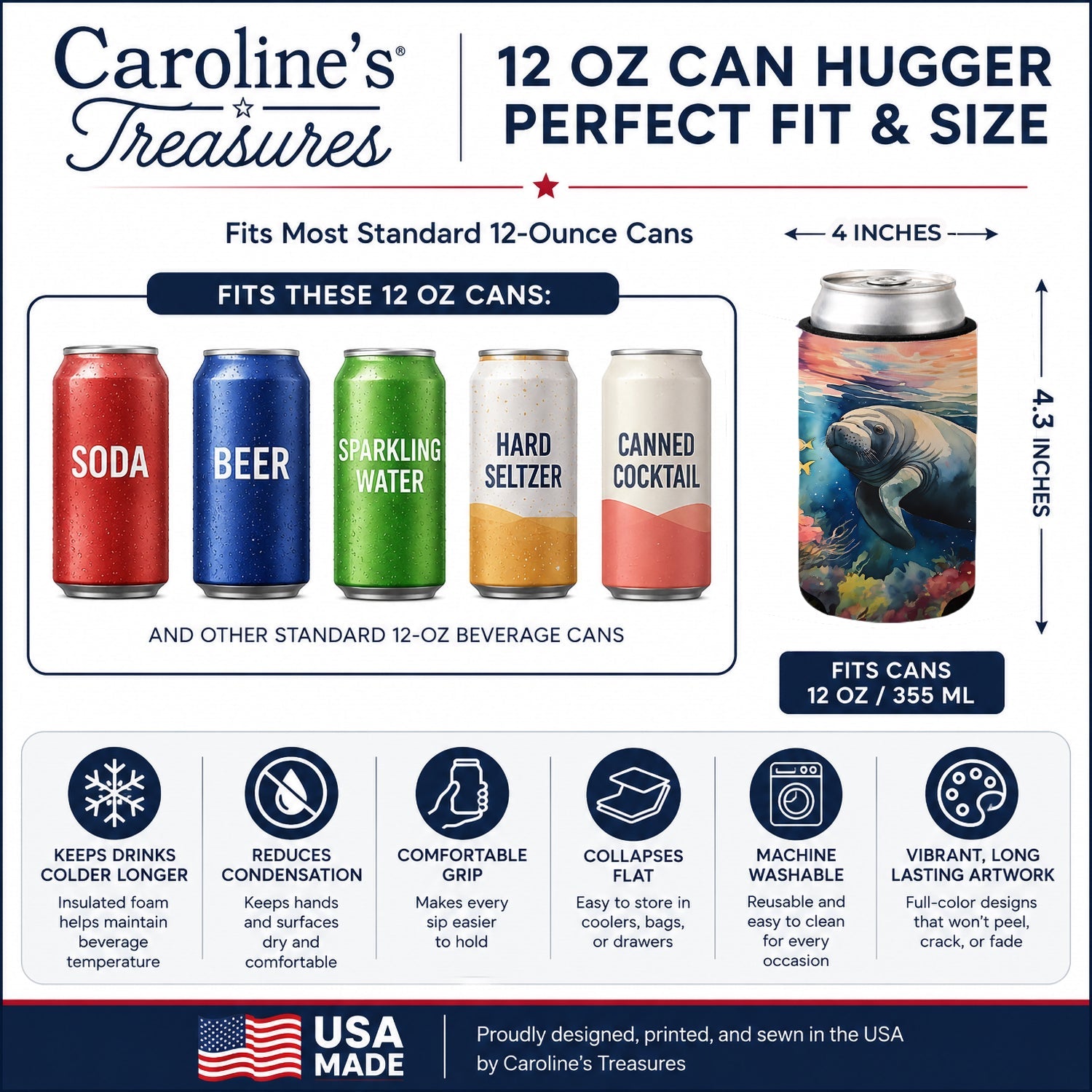 Manatee Can or Bottle Hugger Cooler Sleeve for Standard 12 oz Cans, Insulated Foam Beer & Soda Can Hugger Reusable