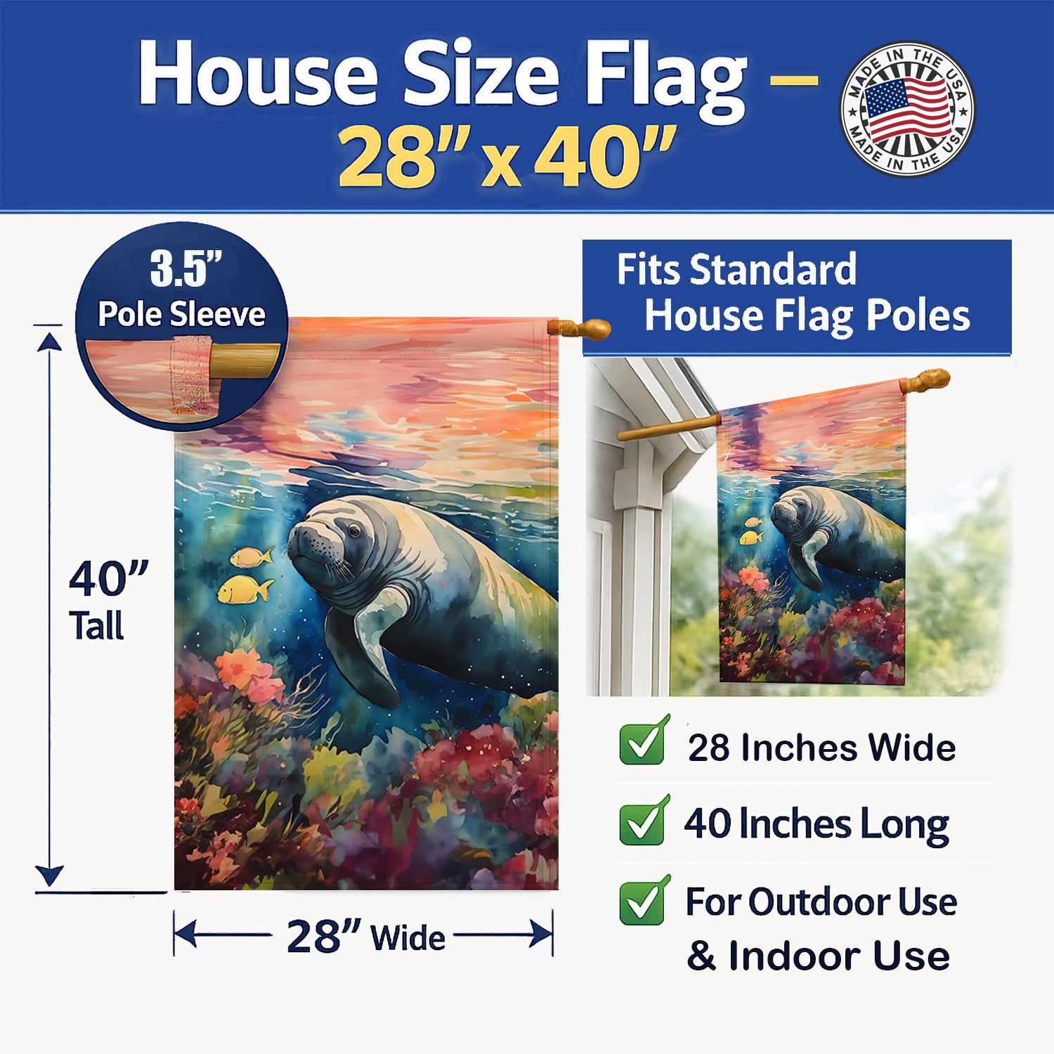 Manatee House Flag 28x40 Porch Sleeve Pole Decorative Outside Yard Banner Artwork Wall Hanging, Polyester