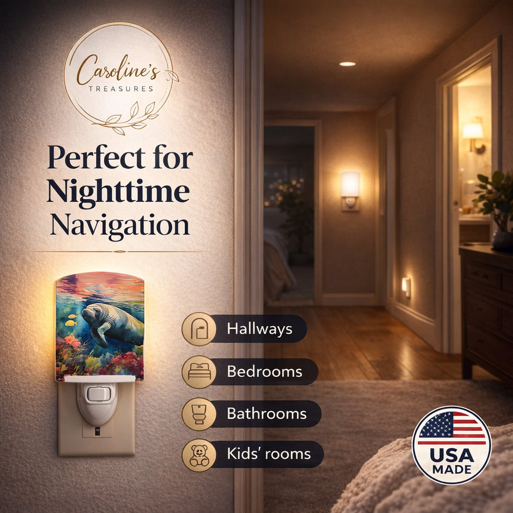Manatee Ceramic Night Light Compact, UL-Certified, Ideal for Bedroom, Bathroom, Nursery, Hallway, Kitchen, 6x4x3, Multicolor