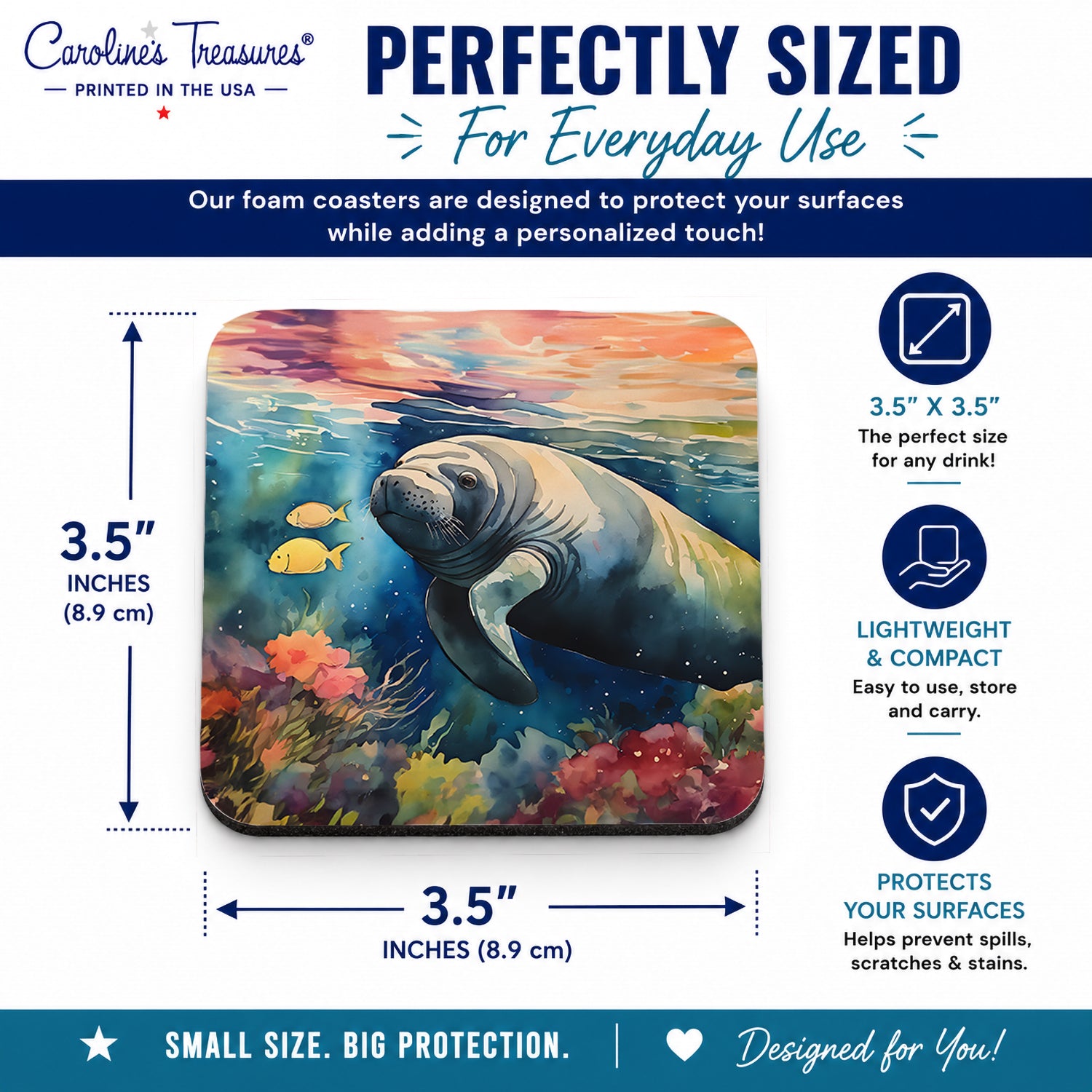 Manatee Foam Coasters Set of 4 Cup Coasters for Indoor Outdoor, Tabletop Protection, Anti Slip, Mouse pad Material