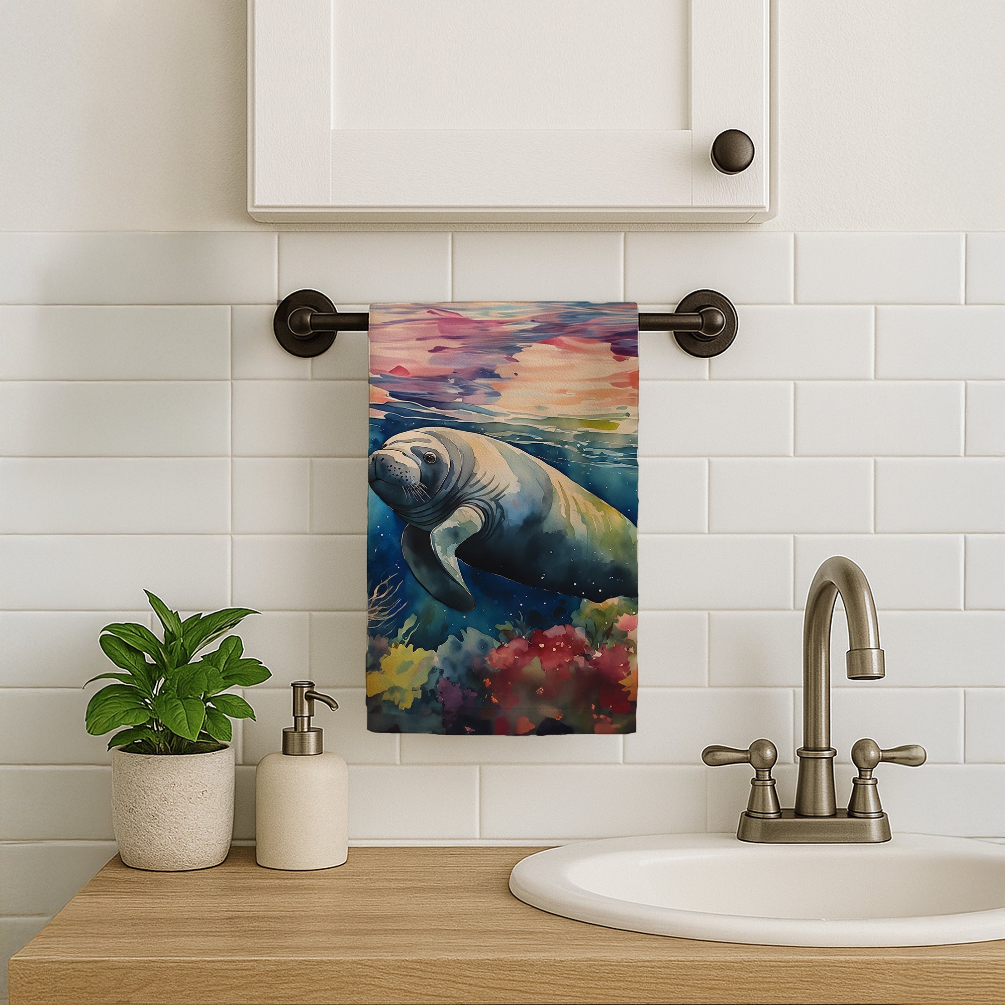 Manatee Kitchen Towel Velour Plush Front and Cotton Loop Back Machine Washable