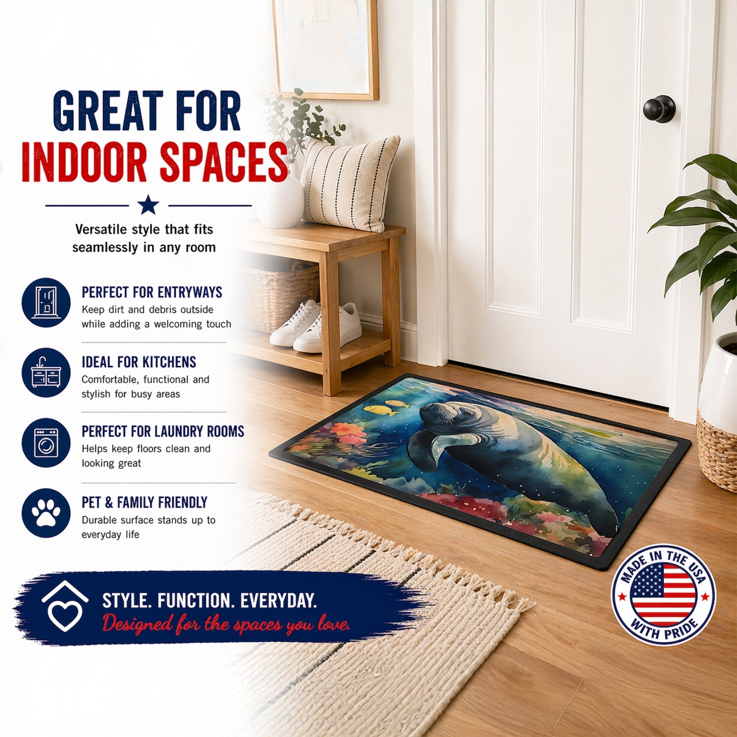Manatee Doormat Indoor Outdoor 18H X 27W Front Door Mat Rugs for Entryway, Non Slip Washable