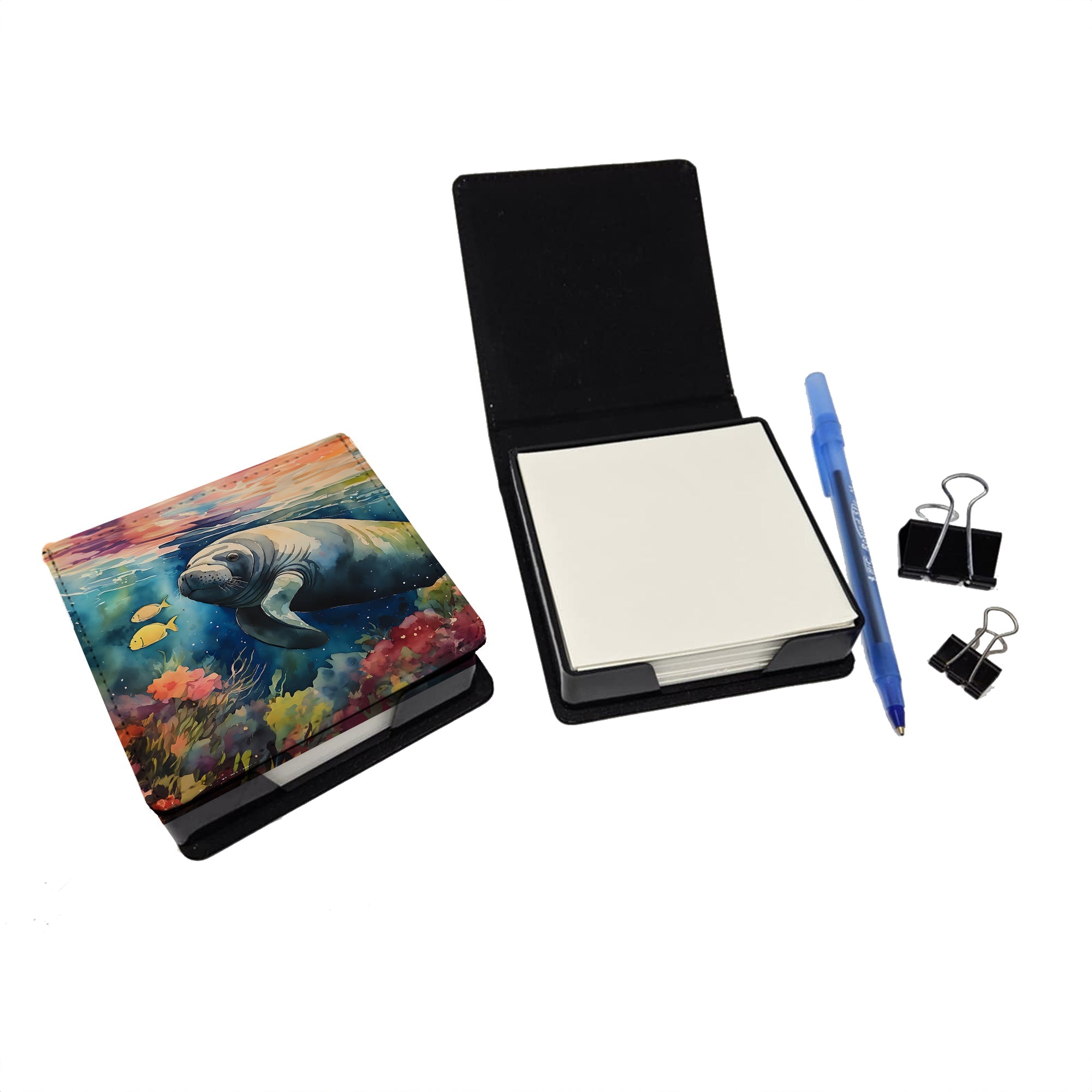 Manatee PU Leather Note Paper Holder with Artist-Designed Cover, Desk Accessory, Office Gift