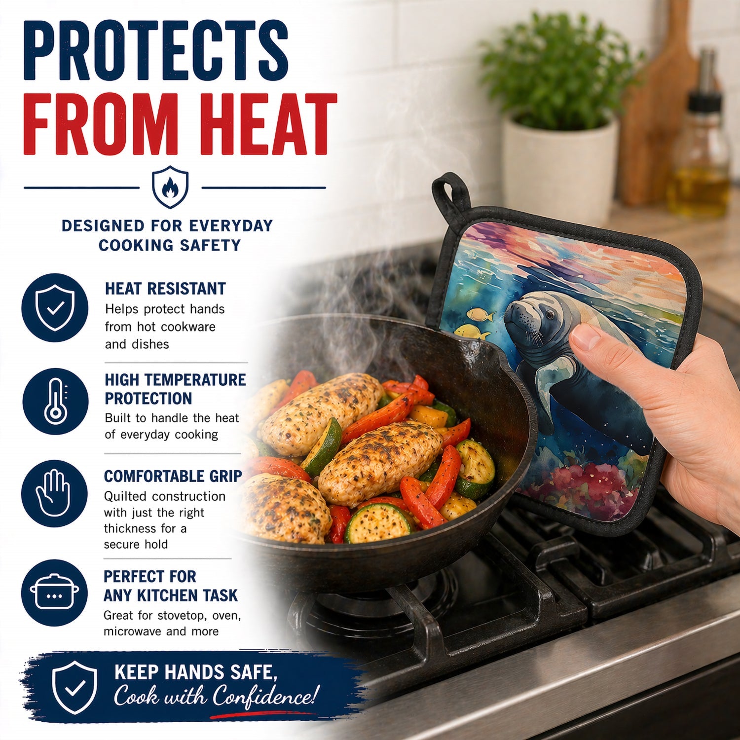 Manatee Pot Holder Set of 2 Heat Resistant Quilted Hot Pads 7.5 x 7.5 Inch, Insulated Kitchen Trivets for Cooking & Baking