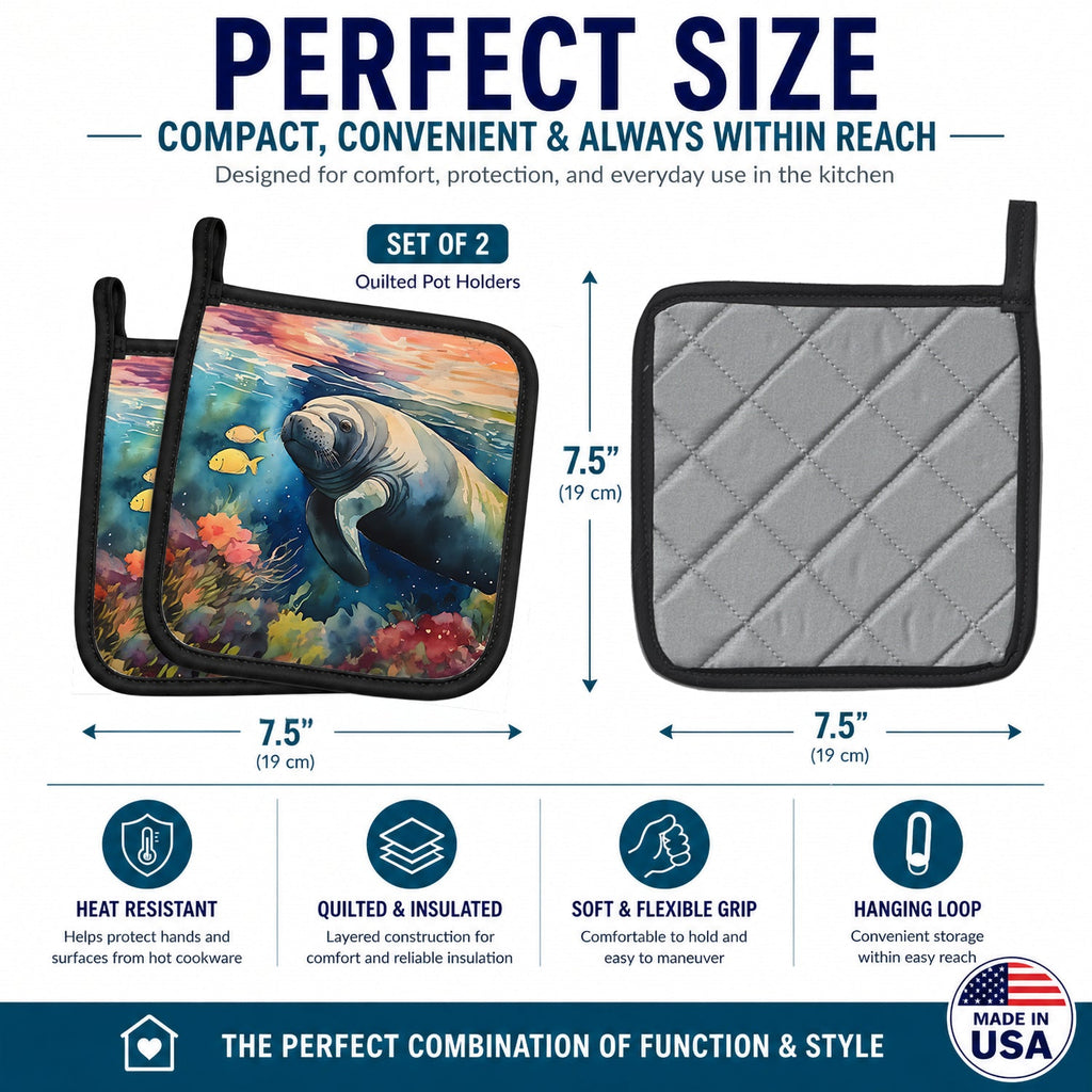 Manatee Pot Holder Set of 2 Heat Resistant Quilted Hot Pads 7.5 x 7.5 Inch, Insulated Kitchen Trivets for Cooking & Baking