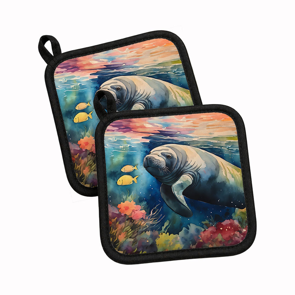 Manatee Pot Holder Set of 2 Heat Resistant Quilted Hot Pads 7.5 x 7.5 Inch, Insulated Kitchen Trivets for Cooking & Baking