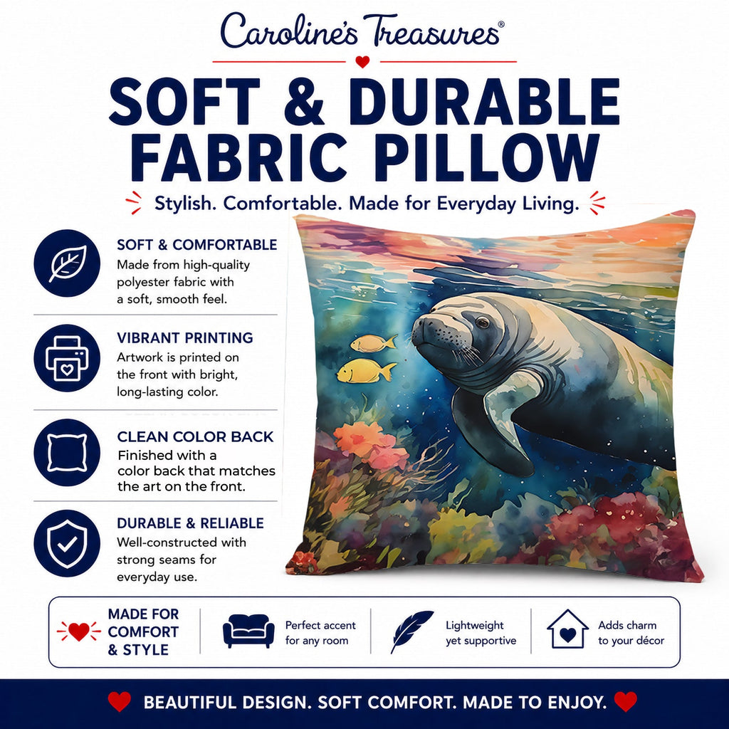 Manatee Decorative Throw Pillow 14x14 Indoor Outdoor Accent Cushion, Fabric Cover with Insert for Sofa, Bed, Porch & Living Room