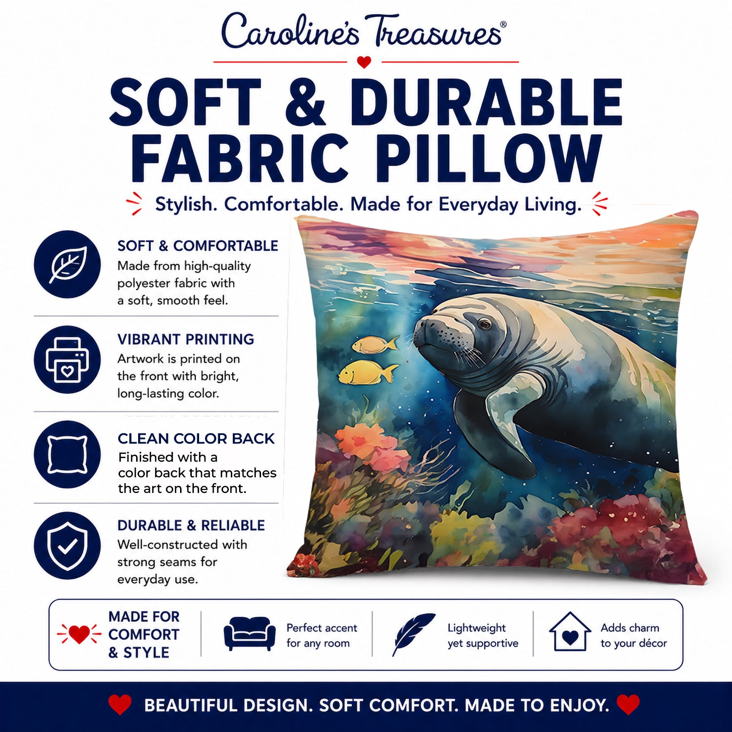 Manatee Decorative Throw Pillow 14x14 Indoor Outdoor Accent Cushion, Fabric Cover with Insert for Sofa, Bed, Porch & Living Room