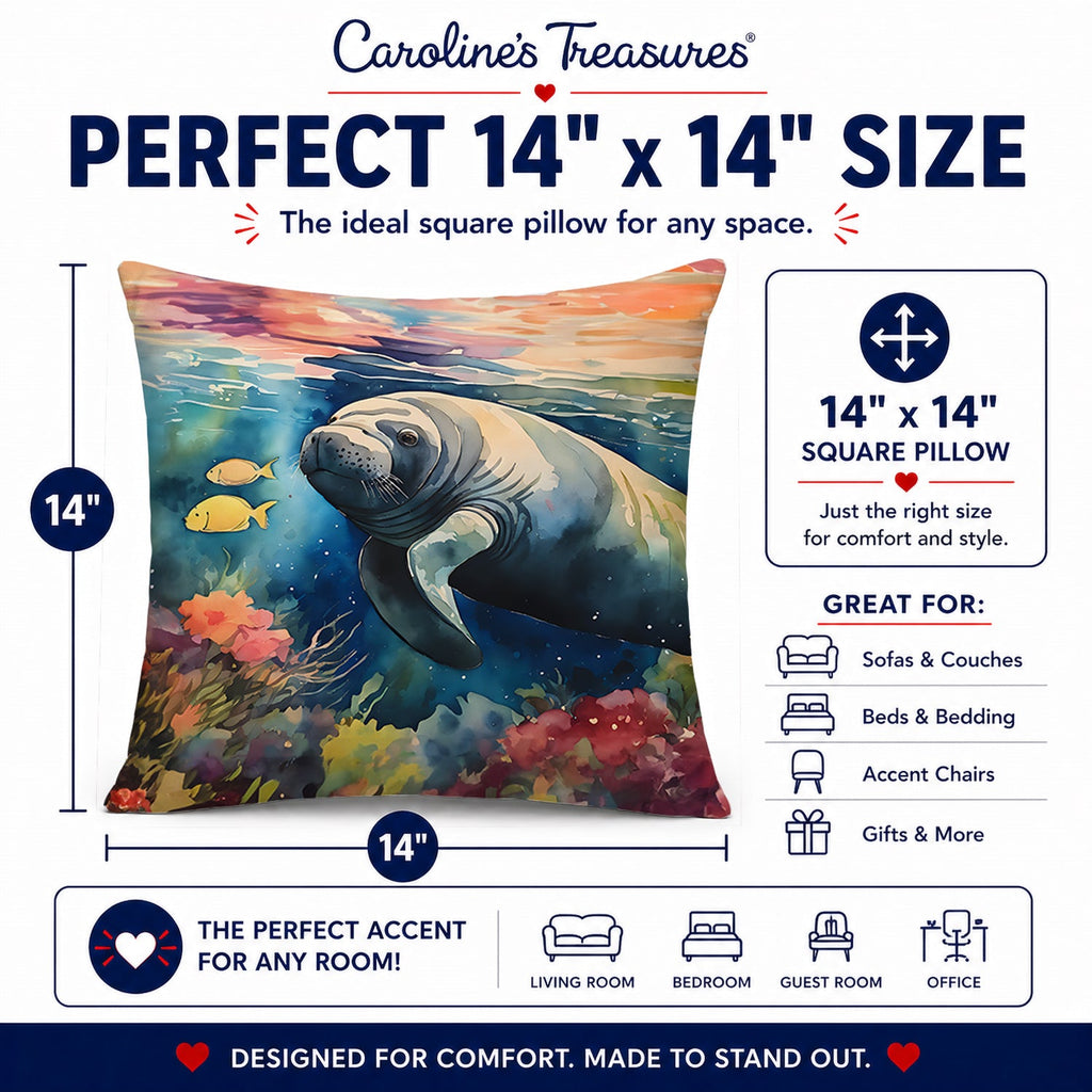 Manatee Decorative Throw Pillow 14x14 Indoor Outdoor Accent Cushion, Fabric Cover with Insert for Sofa, Bed, Porch & Living Room