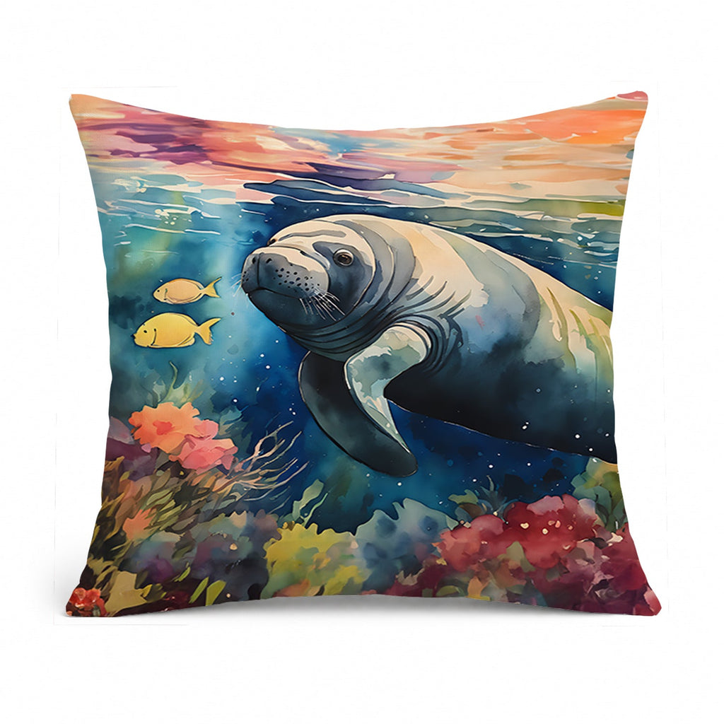 Manatee Decorative Throw Pillow 14x14 Indoor Outdoor Accent Cushion, Fabric Cover with Insert for Sofa, Bed, Porch & Living Room