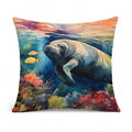 Manatee Decorative Throw Pillow 14x14 Indoor Outdoor Accent Cushion, Fabric Cover with Insert for Sofa, Bed, Porch & Living Room