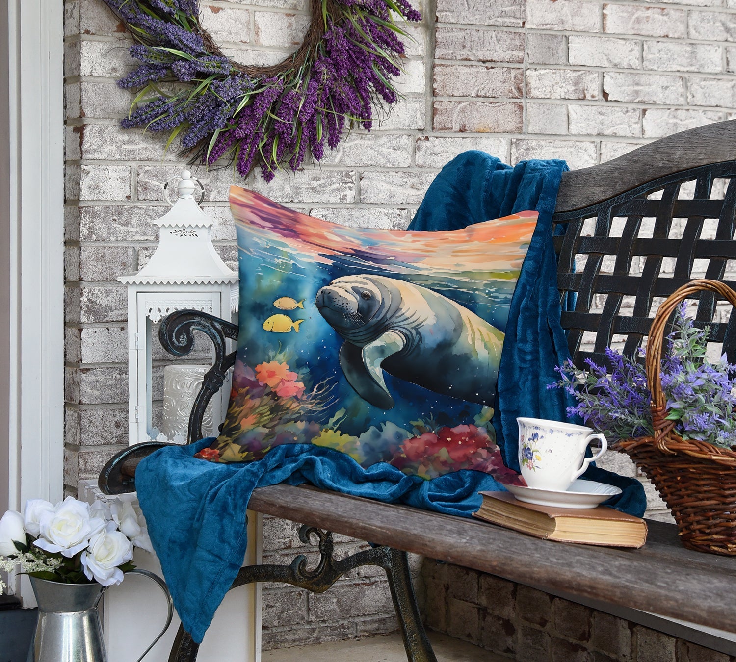 Manatee Decorative Throw Pillow 18x18 Indoor Outdoor Accent Cushion, Fabric Cover with Insert for Sofa, Bed, Porch & Living Room