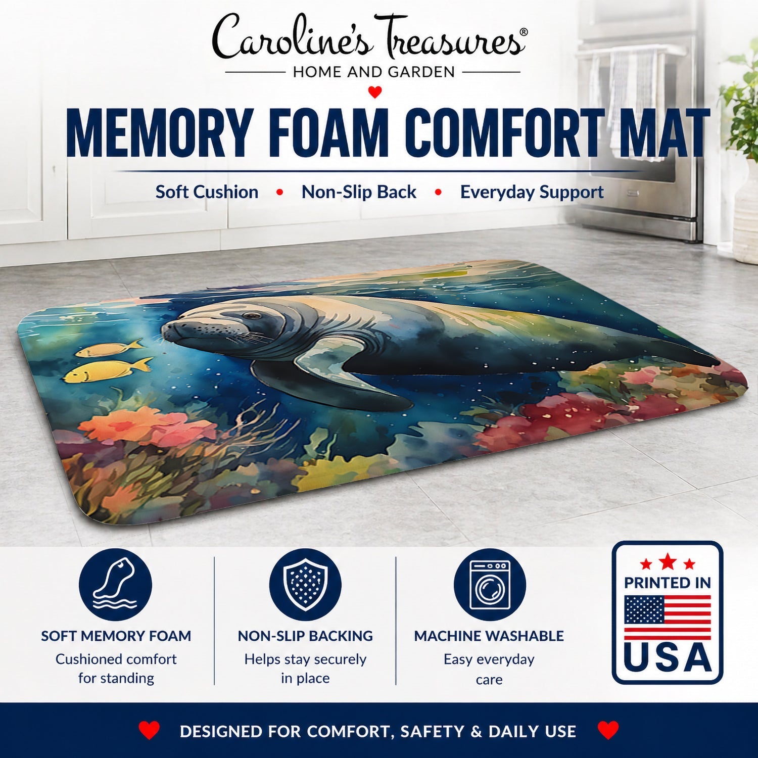 Manatee Memory Foam Kitchen Mat Machine Washable Anti-Fatigue Cushion Comfort Bath or Kitchen Rug