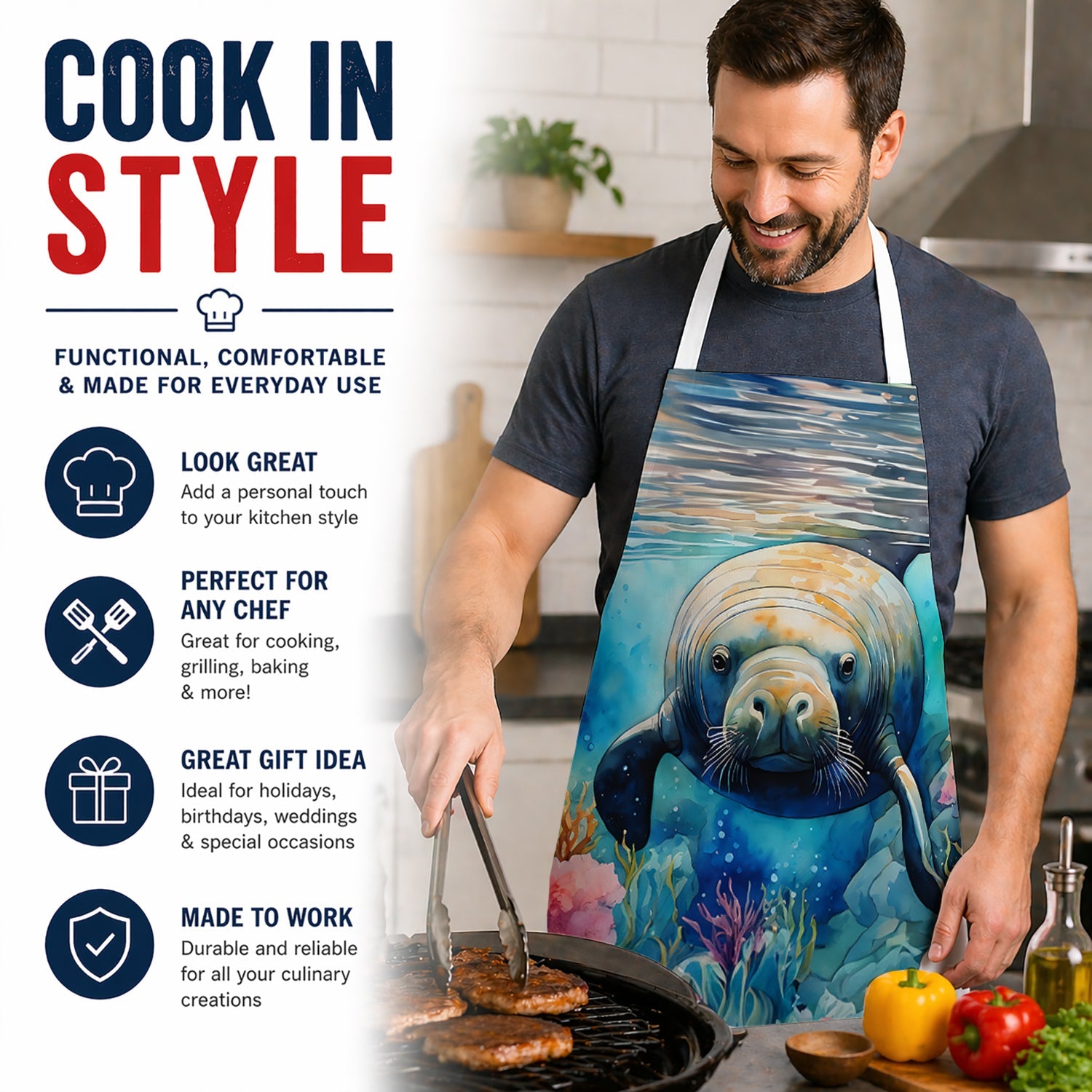Manatee Apron Cooking Kitchen Server Baking Crafts Gardening for Adult Women Men, Unisex, Large, Multicolor