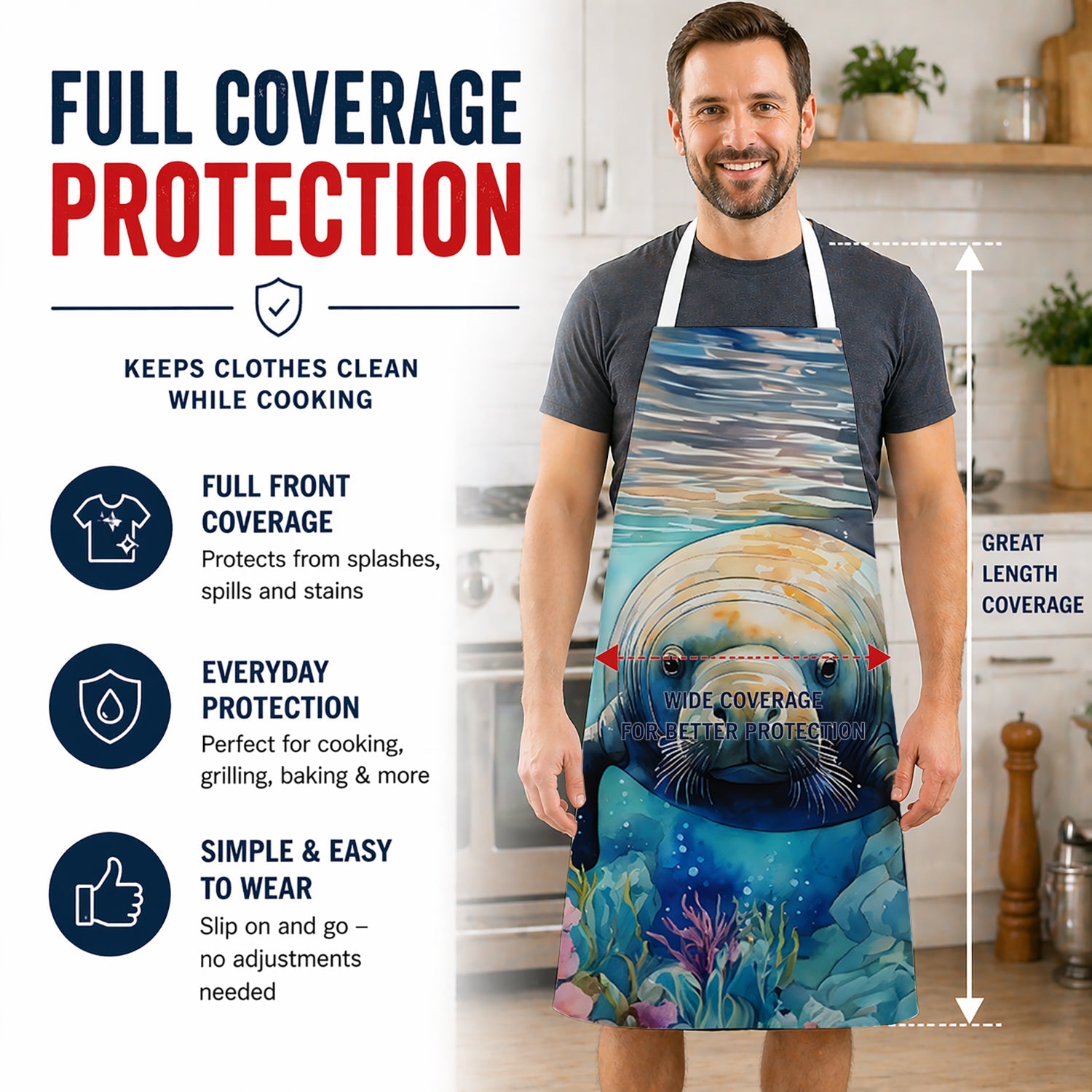 Manatee Apron Cooking Kitchen Server Baking Crafts Gardening for Adult Women Men, Unisex, Large, Multicolor