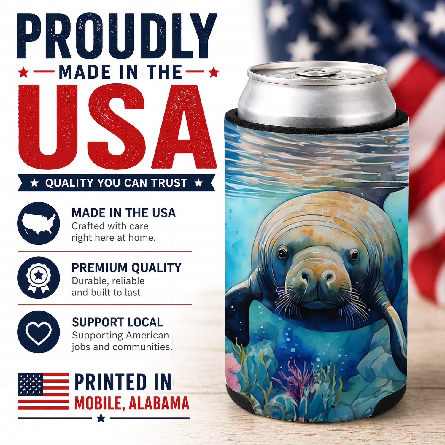 Manatee Can or Bottle Hugger Cooler Sleeve for Standard 12 oz Cans, Insulated Foam Beer & Soda Can Hugger Reusable