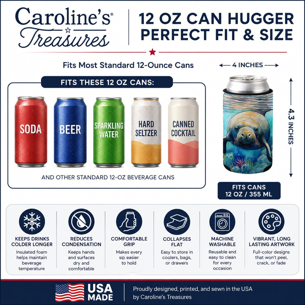 Manatee Can or Bottle Hugger Cooler Sleeve for Standard 12 oz Cans, Insulated Foam Beer & Soda Can Hugger Reusable