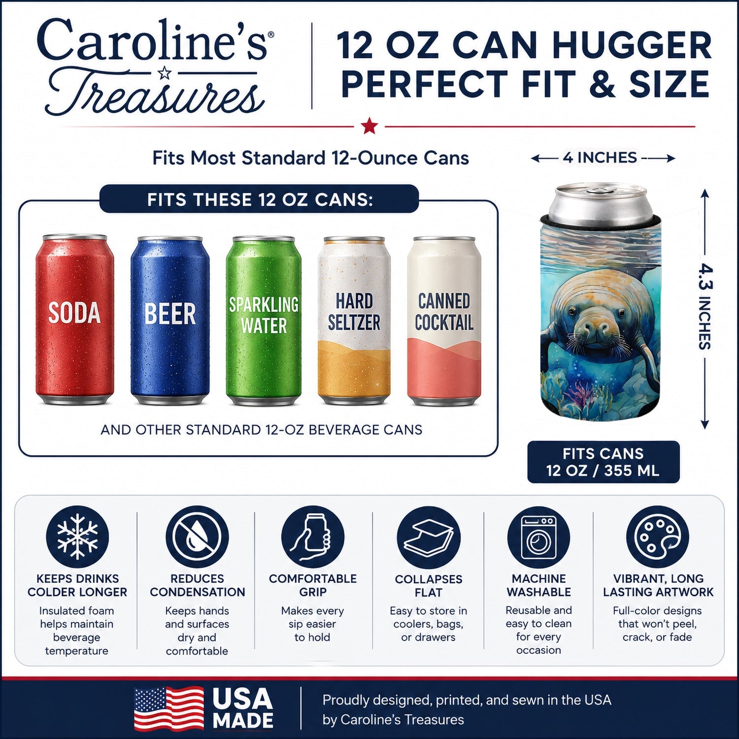 Manatee Can or Bottle Hugger Cooler Sleeve for Standard 12 oz Cans, Insulated Foam Beer & Soda Can Hugger Reusable