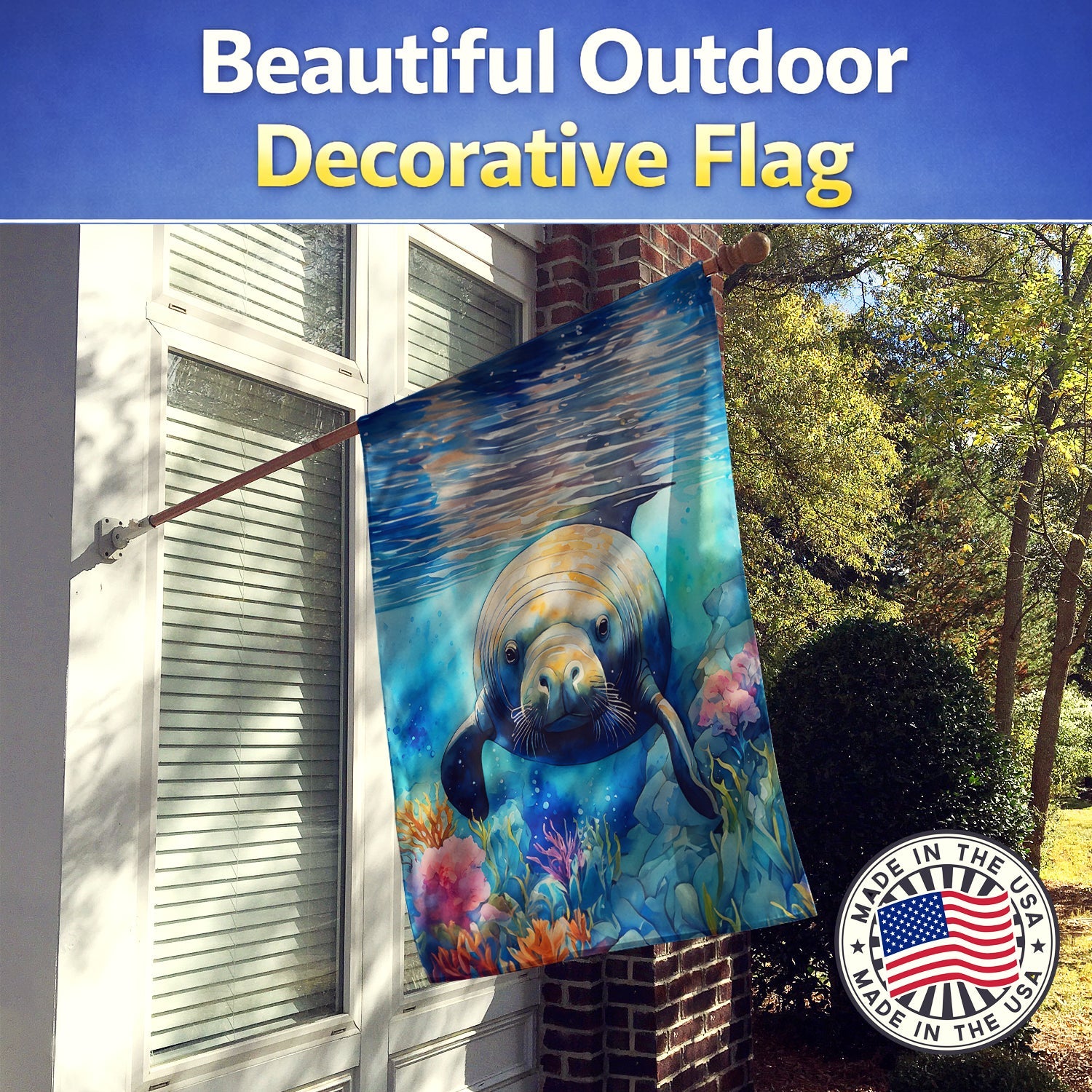 Manatee House Flag 28x40 Porch Sleeve Pole Decorative Outside Yard Banner Artwork Wall Hanging, Polyester