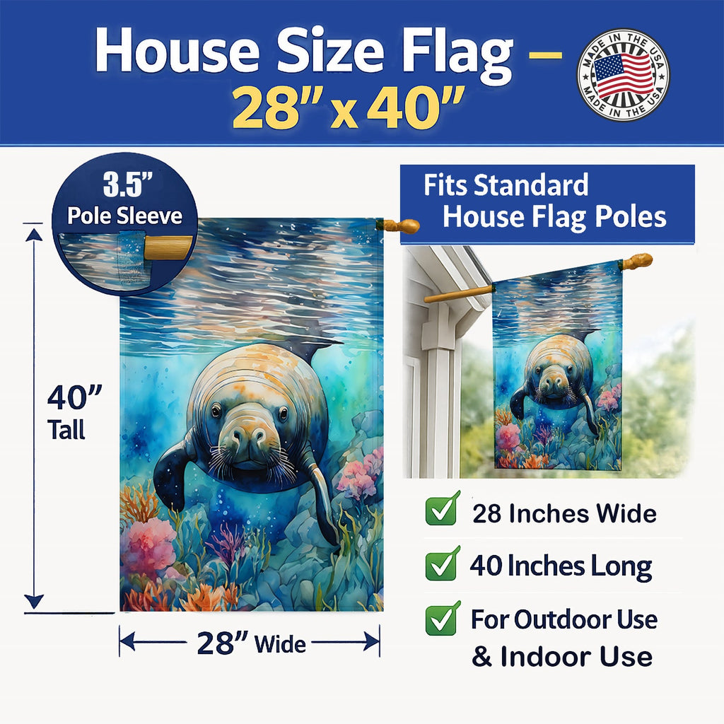 Manatee House Flag 28x40 Porch Sleeve Pole Decorative Outside Yard Banner Artwork Wall Hanging, Polyester