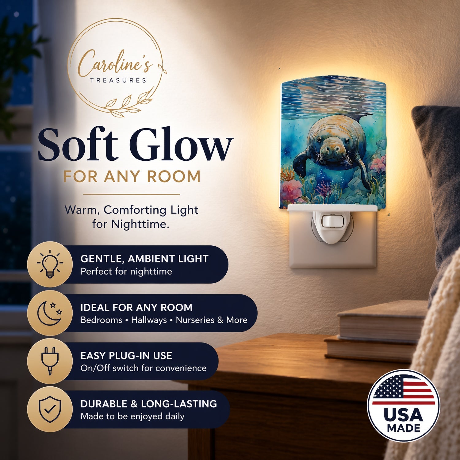 Manatee Ceramic Night Light Compact, UL-Certified, Ideal for Bedroom, Bathroom, Nursery, Hallway, Kitchen, 6x4x3, Multicolor