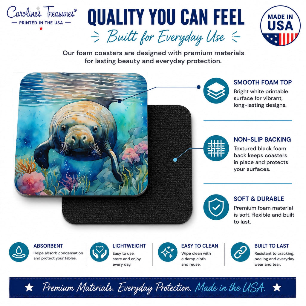 Manatee Foam Coasters Set of 4 Cup Coasters for Indoor Outdoor, Tabletop Protection, Anti Slip, Mouse pad Material