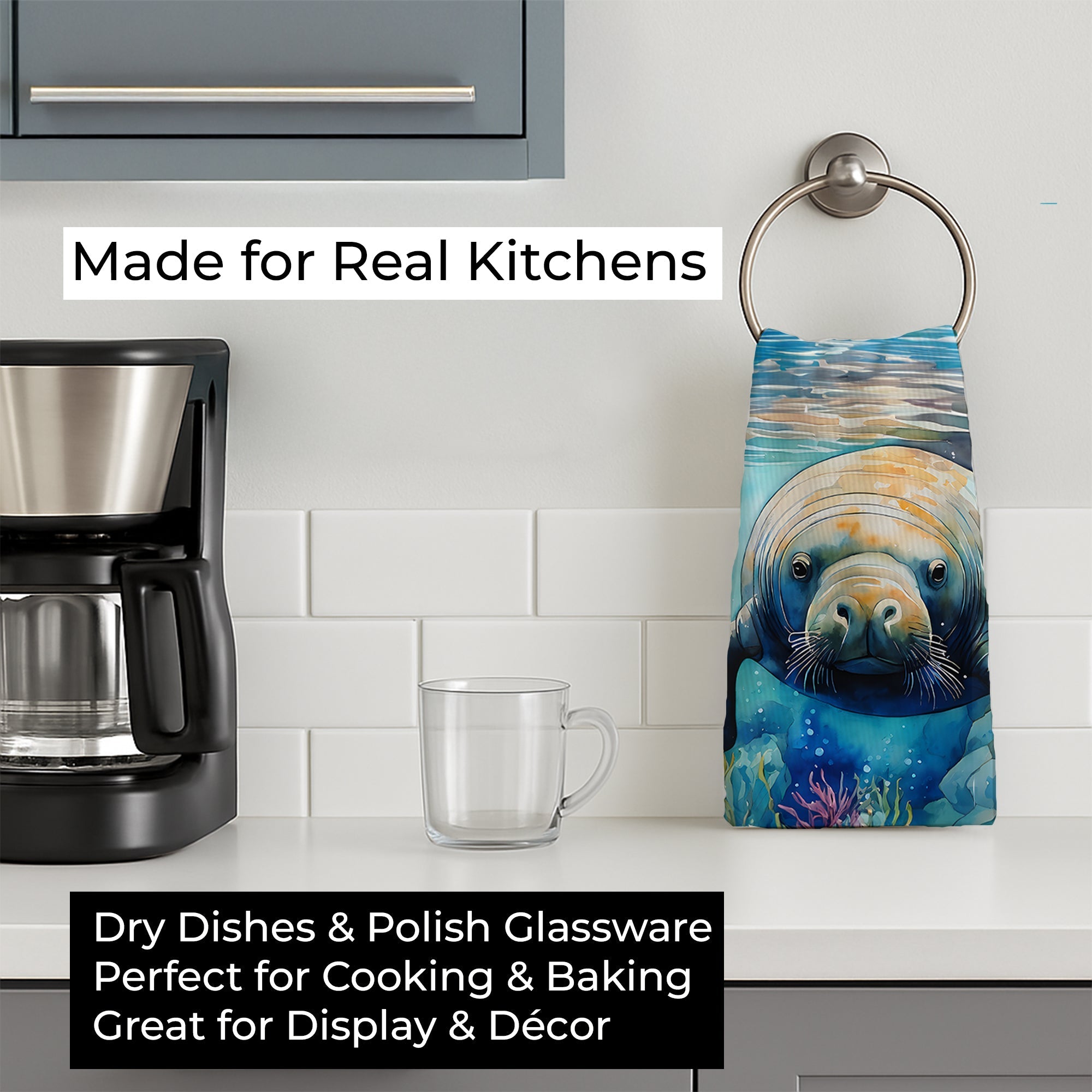 Manatee Kitchen Towel Velour Plush Front and Cotton Loop Back Machine Washable