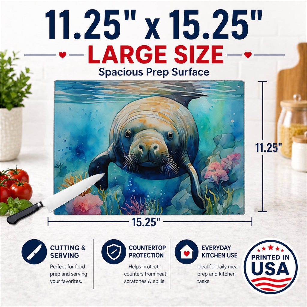 Manatee Cutting Board Tempered Glass Kitchen Cutting Surface, Heat Resistant Chopping, Non-Slip Feet, Food Prep & Serving