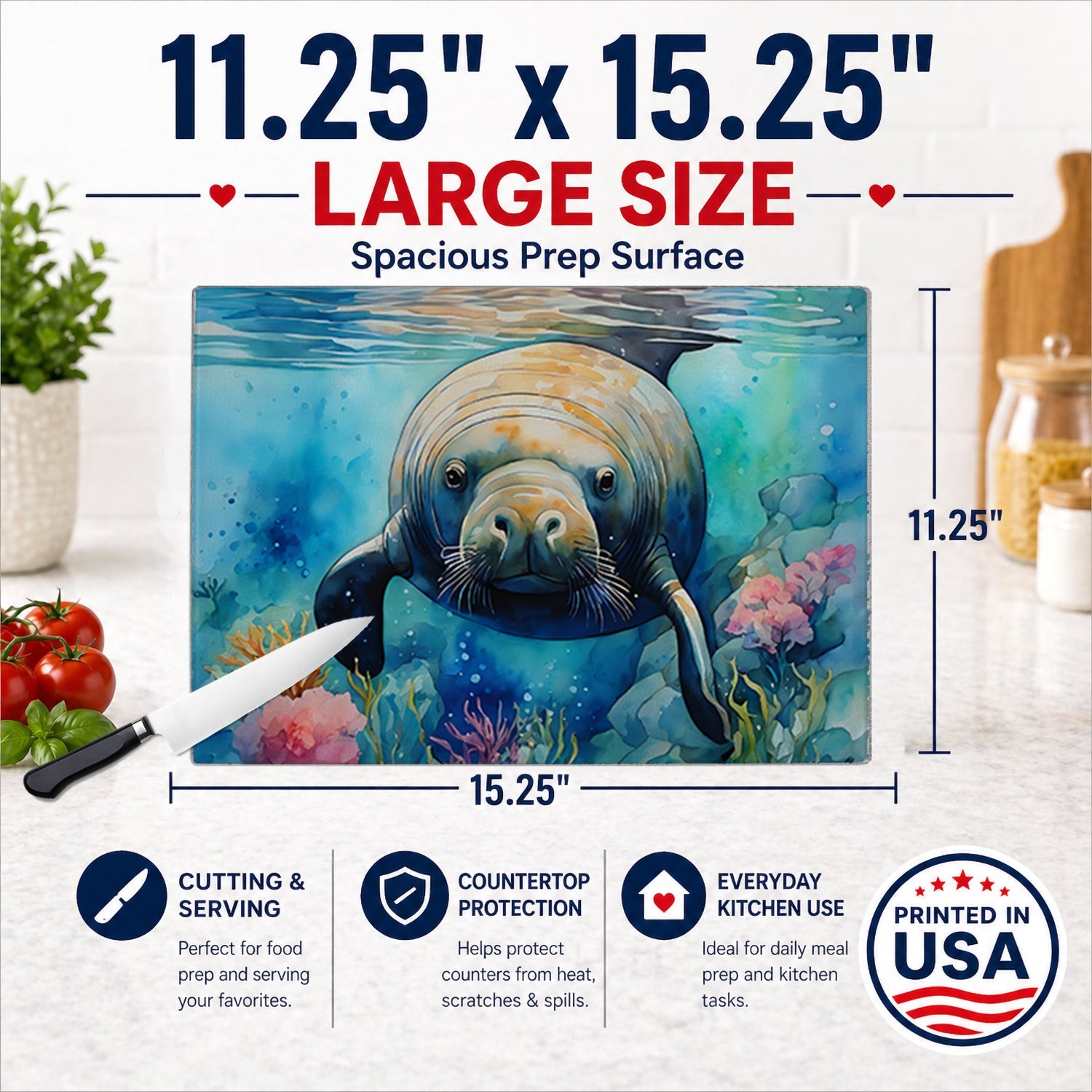 Manatee Cutting Board Tempered Glass Kitchen Cutting Surface, Heat Resistant Chopping, Non-Slip Feet, Food Prep & Serving