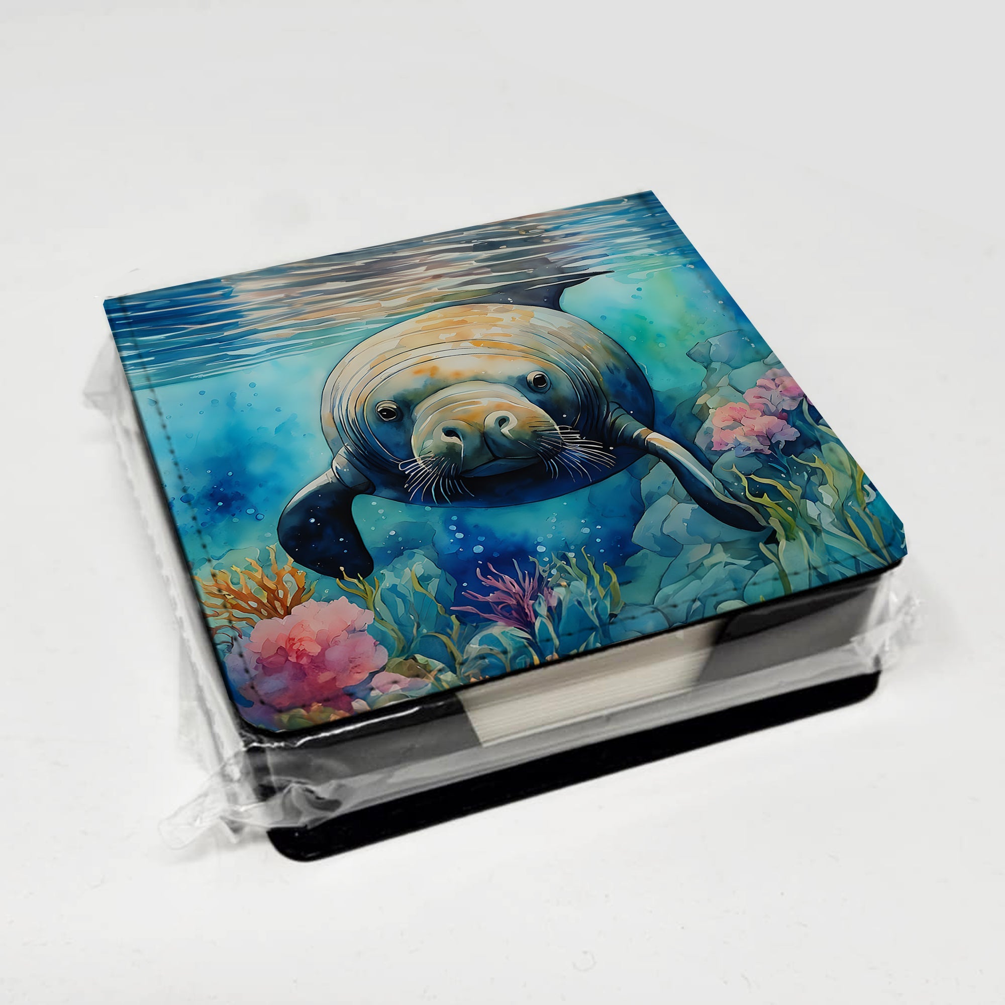 Manatee PU Leather Note Paper Holder with Artist-Designed Cover, Desk Accessory, Office Gift